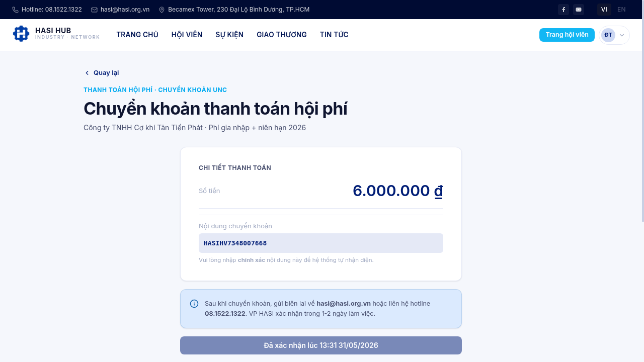 Trạng thái đã xác nhận chuyển khoản, chờ VP HASI duyệt