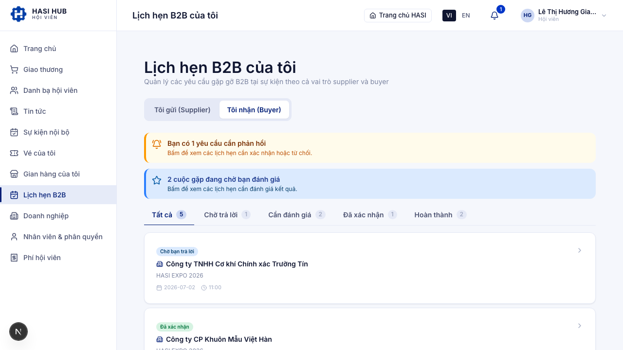 Danh sách yêu cầu gặp B2B phía bên mua, tab Tôi nhận
