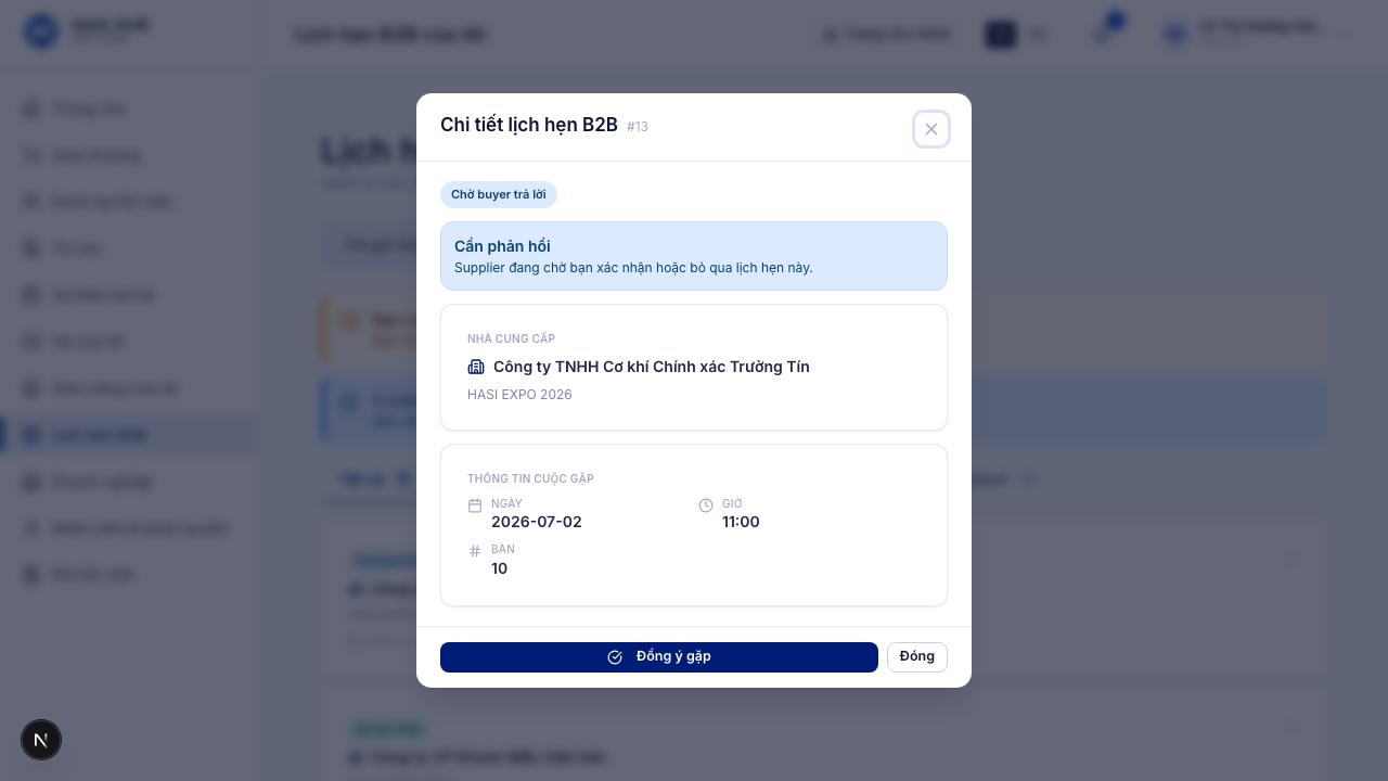 Hộp thoại Chi tiết lịch hẹn B2B với nút Đồng ý gặp