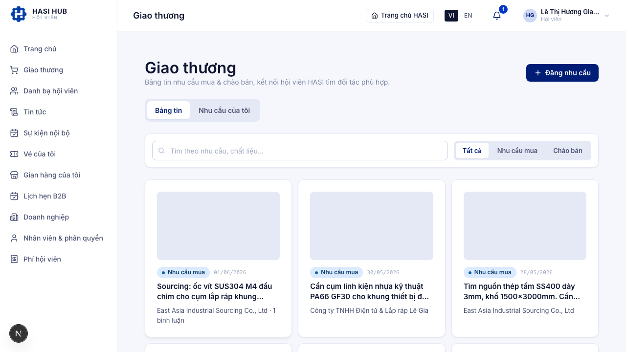 Trang Giao thương hiển thị tab Bảng tin với các thẻ nhu cầu mua, bộ lọc Tất cả, Nhu cầu mua, Chào bán