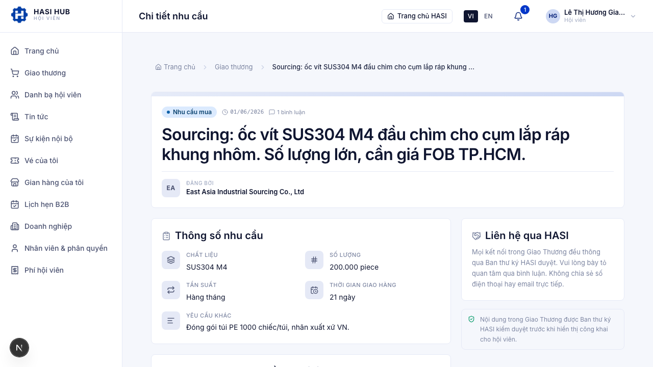 Trang chi tiết nhu cầu với thông số kỹ thuật SUS304 M4, 200.000 piece, giao hàng 21 ngày và hộp hướng dẫn Liên hệ qua HASI