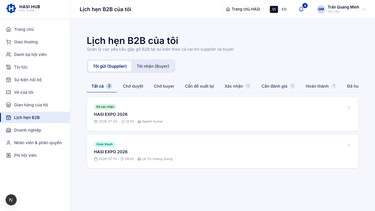 Trang Lịch hẹn B2B với tab Tôi gửi (Supplier), danh sách gồm lịch hẹn Đang diễn ra và Hoàn thành