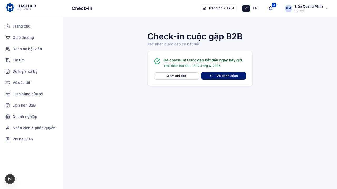 Xác nhận check-in thành công với biểu tượng tích xanh, thông báo đã check-in và hai nút Xem chi tiết, Về danh sách