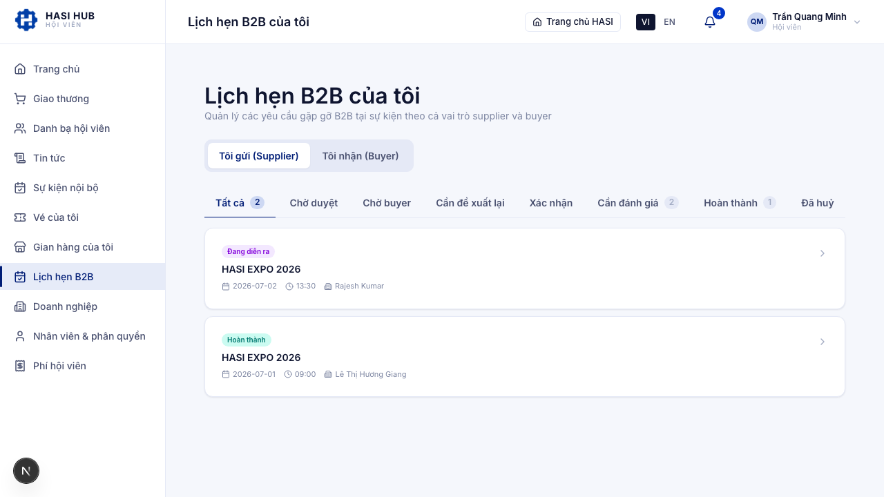 Trang Lịch hẹn B2B với tab Tôi gửi hiển thị danh sách lịch hẹn sau khi check-in hoàn tất