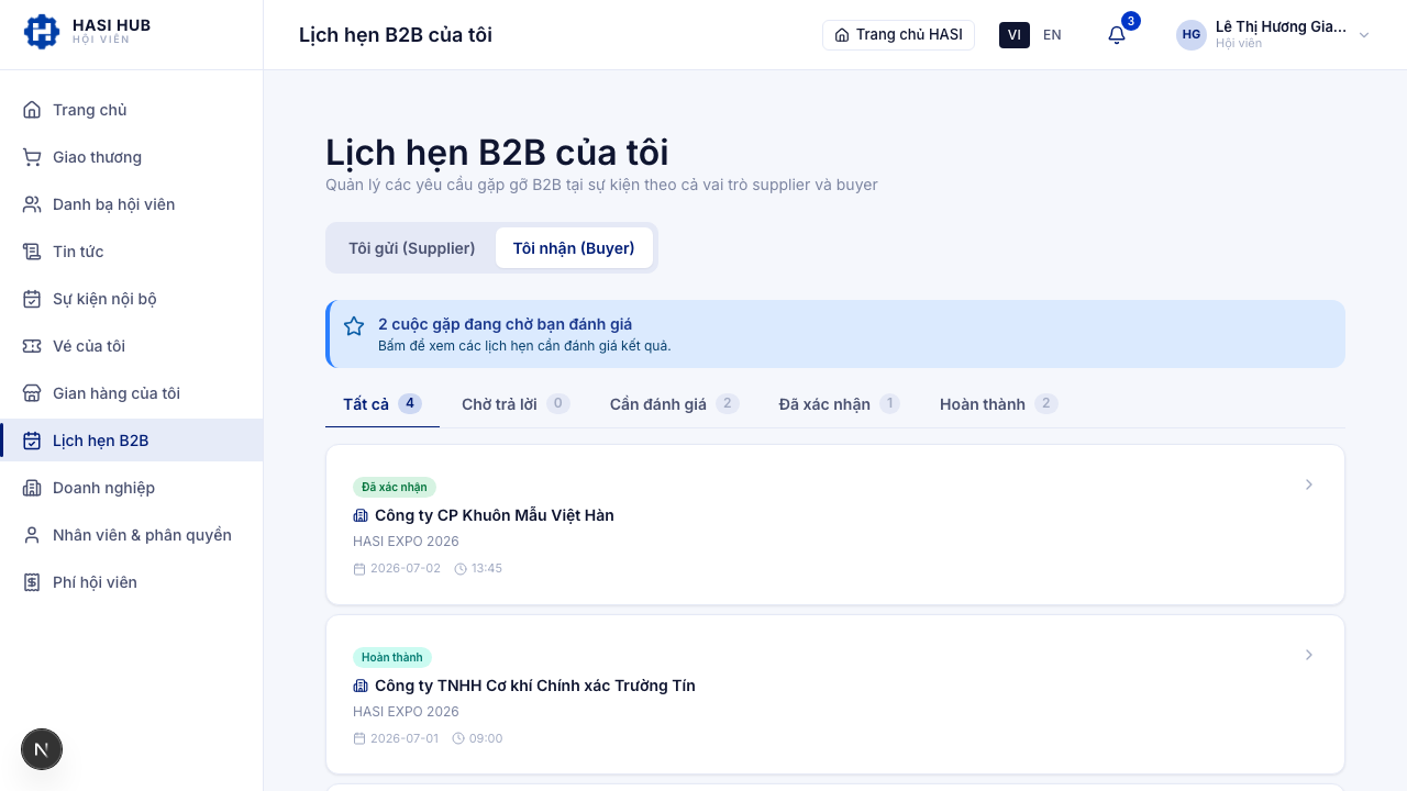 Trang Lịch hẹn B2B, tab bên mua, danh sách các cuộc gặp
