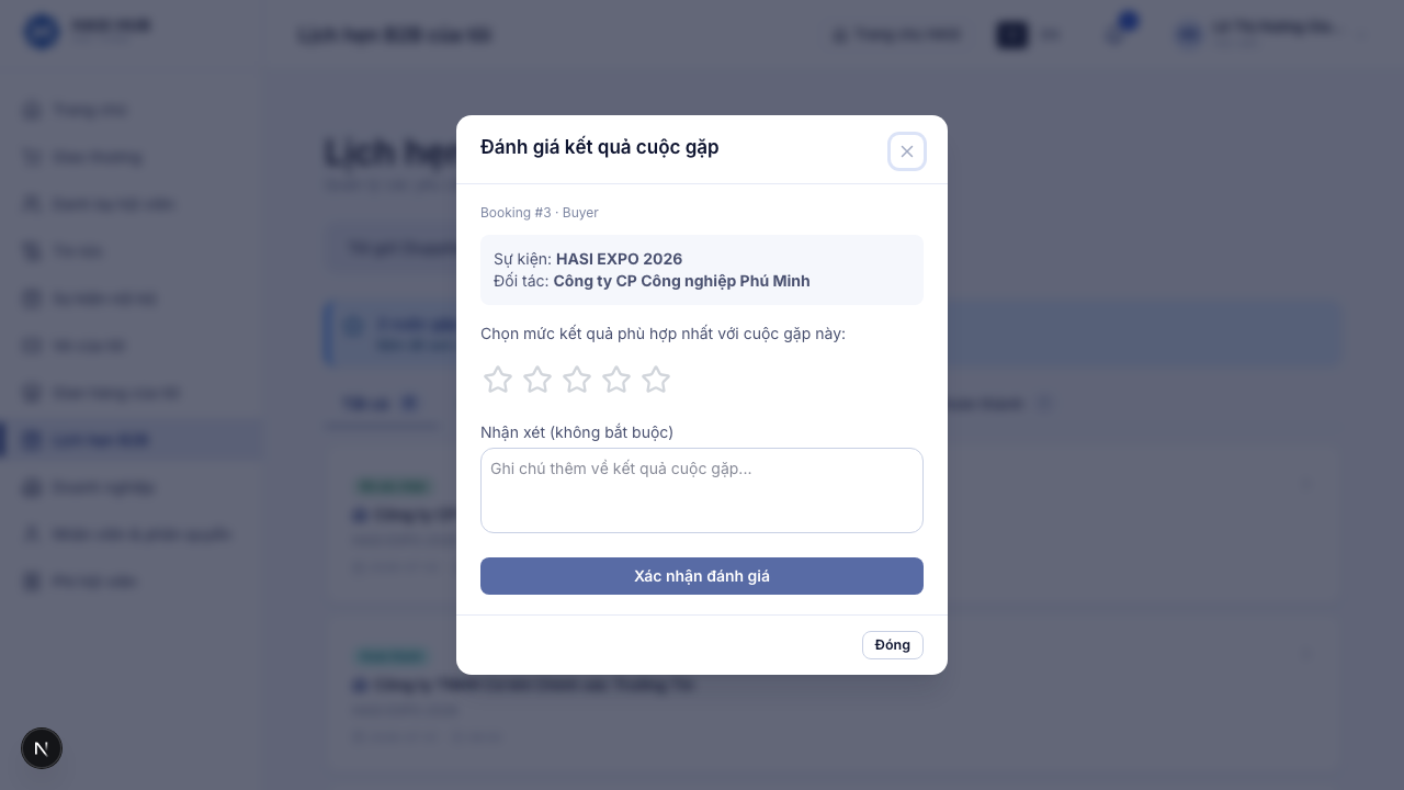 Hộp Đánh giá kết quả cuộc gặp cho Booking #3, kèm thông tin sự kiện và đối tác