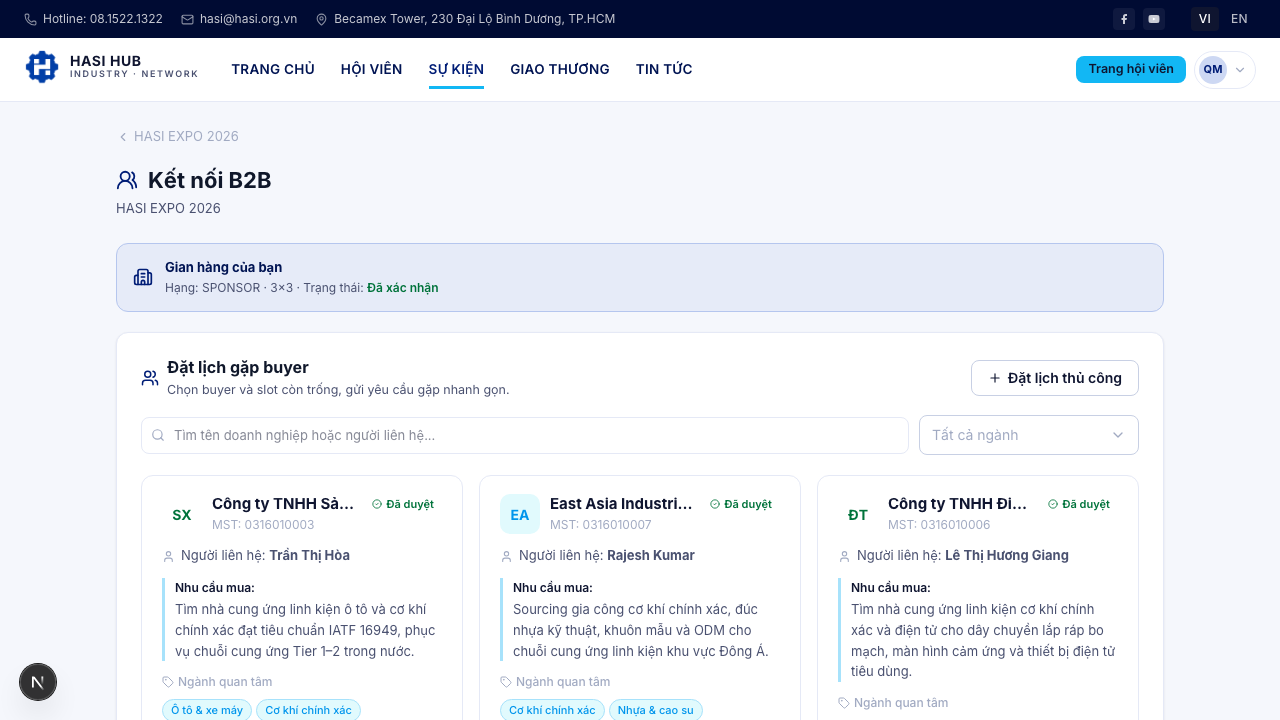 Tab Kết nối B2B nhà cung cấp: lưới buyer với thông tin doanh nghiệp, nhu cầu mua và ngành