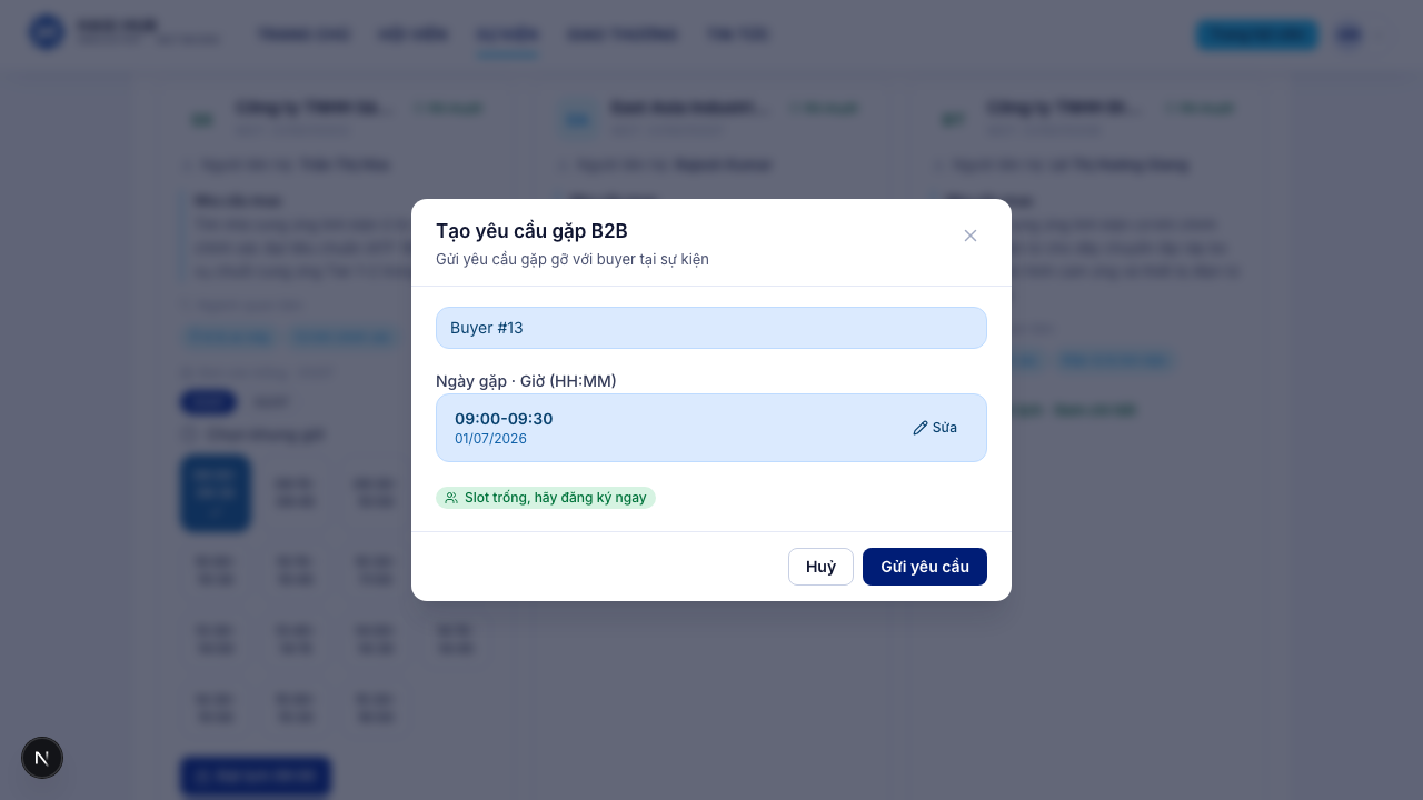 Hộp thoại Tạo yêu cầu gặp B2B với thông tin sự kiện, bên mua và khung giờ đã điền sẵn