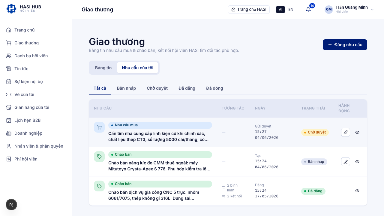 Tab Nhu cầu của tôi với danh sách nhu cầu của hội viên