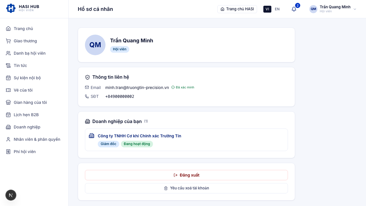 Trang Hồ sơ cá nhân với tên, badge Hội viên và thông tin liên hệ