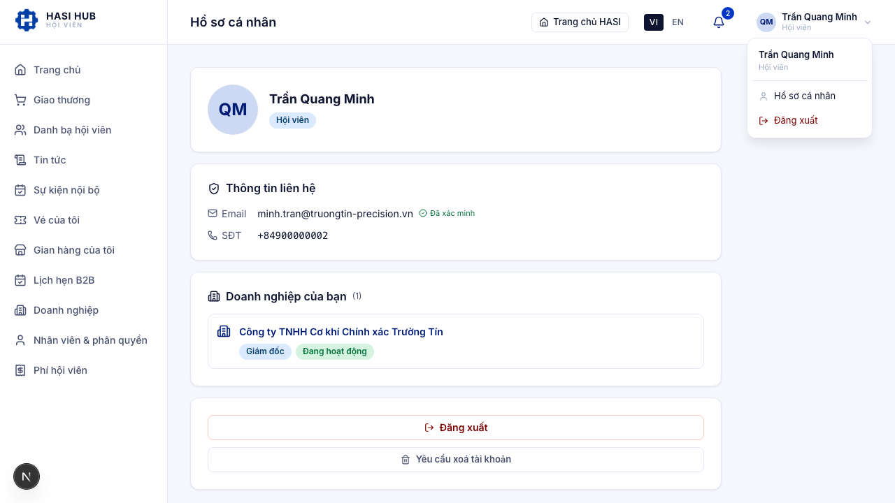 Menu avatar topbar với tên người dùng, Hội viên, liên kết Hồ sơ cá nhân và Đăng xuất