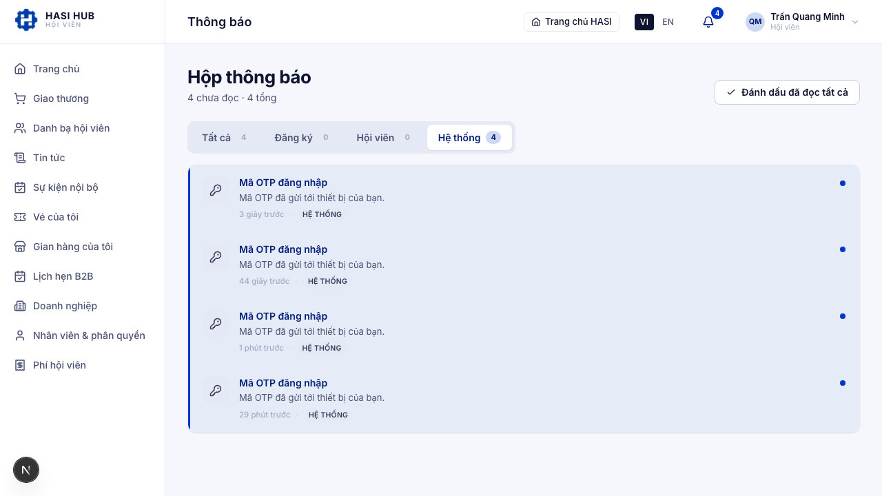 Tab Hệ thống đang active với danh sách thông báo OTP đăng nhập