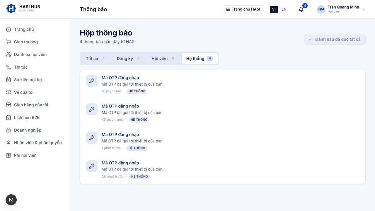 Hộp thông báo sau khi đánh dấu đã đọc tất cả, các thông báo không còn chấm xanh